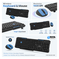 EVM Wireless Keyboard & Mouse Combo - 2.4G, Plug and Play, 10m Range, 112 Keys, 1000DPI Resolution, Height Adjust - 1 Year Warranty (EVM-WLKM-036)