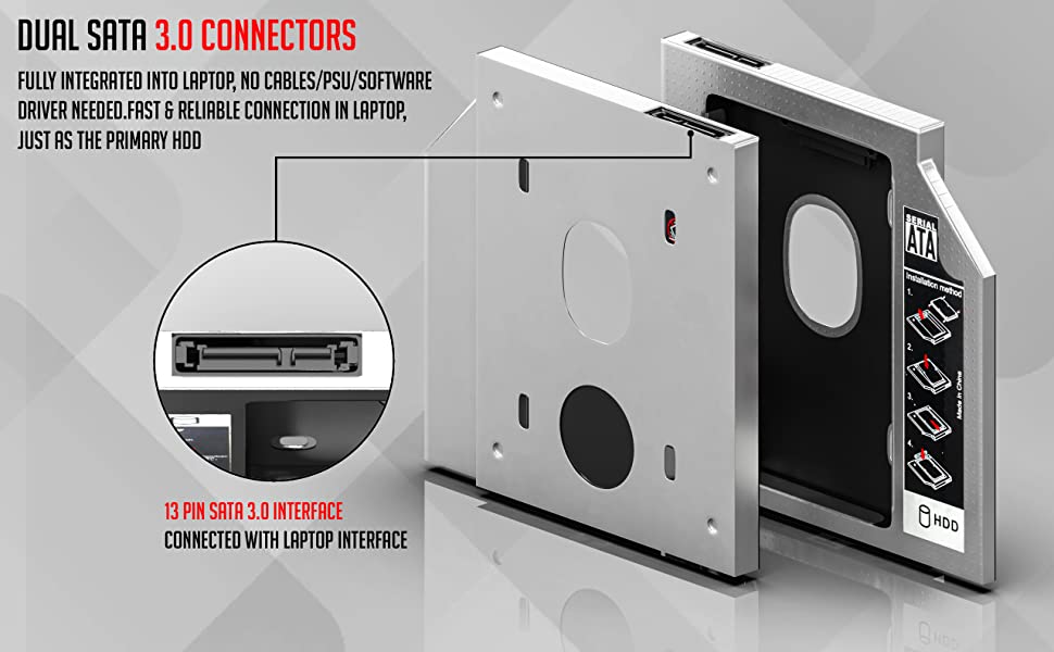 Caddy for SSD and HDD, Optical Bay 2nd Hard Drive Caddy, Caddy 9.5mm for Laptop Tray Compatible